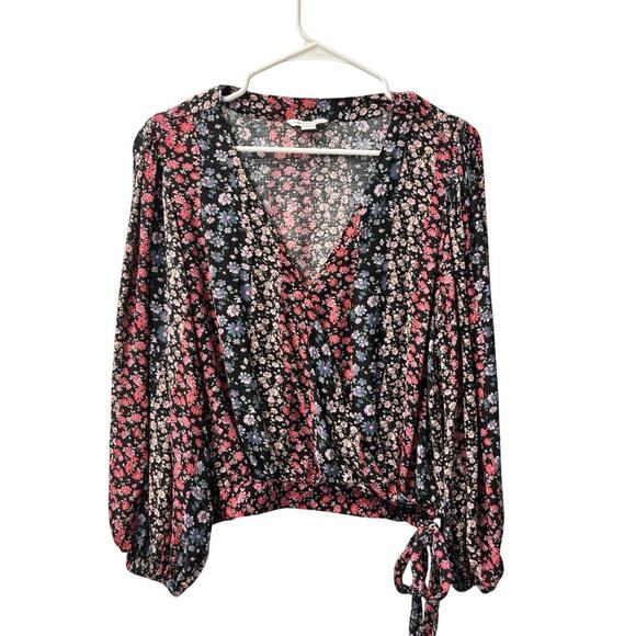 American Eagle Women's Floral Wrap Top Cropped Black Pink Blue X-Large - Picture 1 of 5